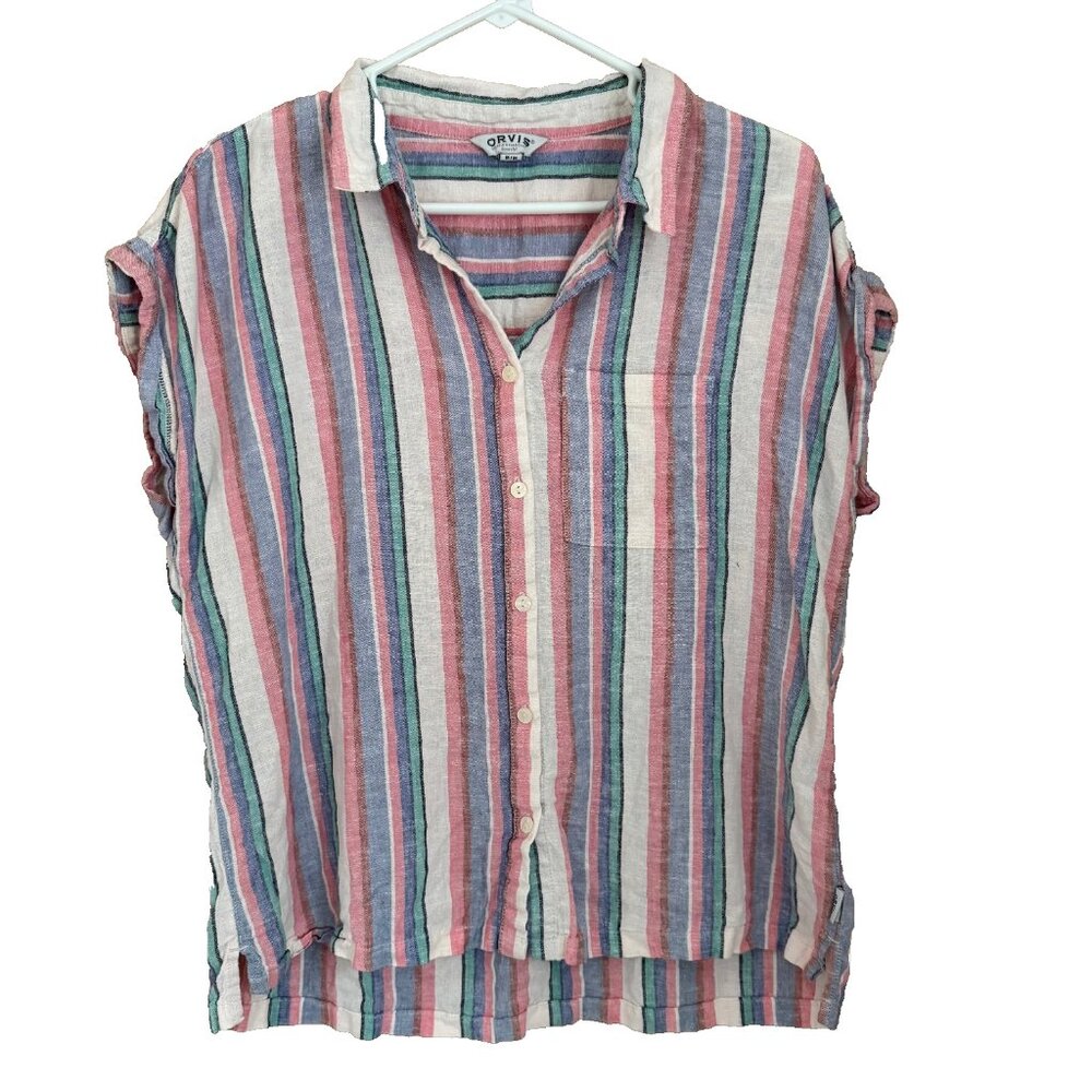 Orvis Linen Blend Stripe Button Up Top Medium Short Sleeve Rainbow Coastal Beach